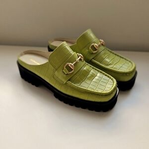 Intentionally ___ Kowloon Green Croc Patent Square Slip On Lug Shoes